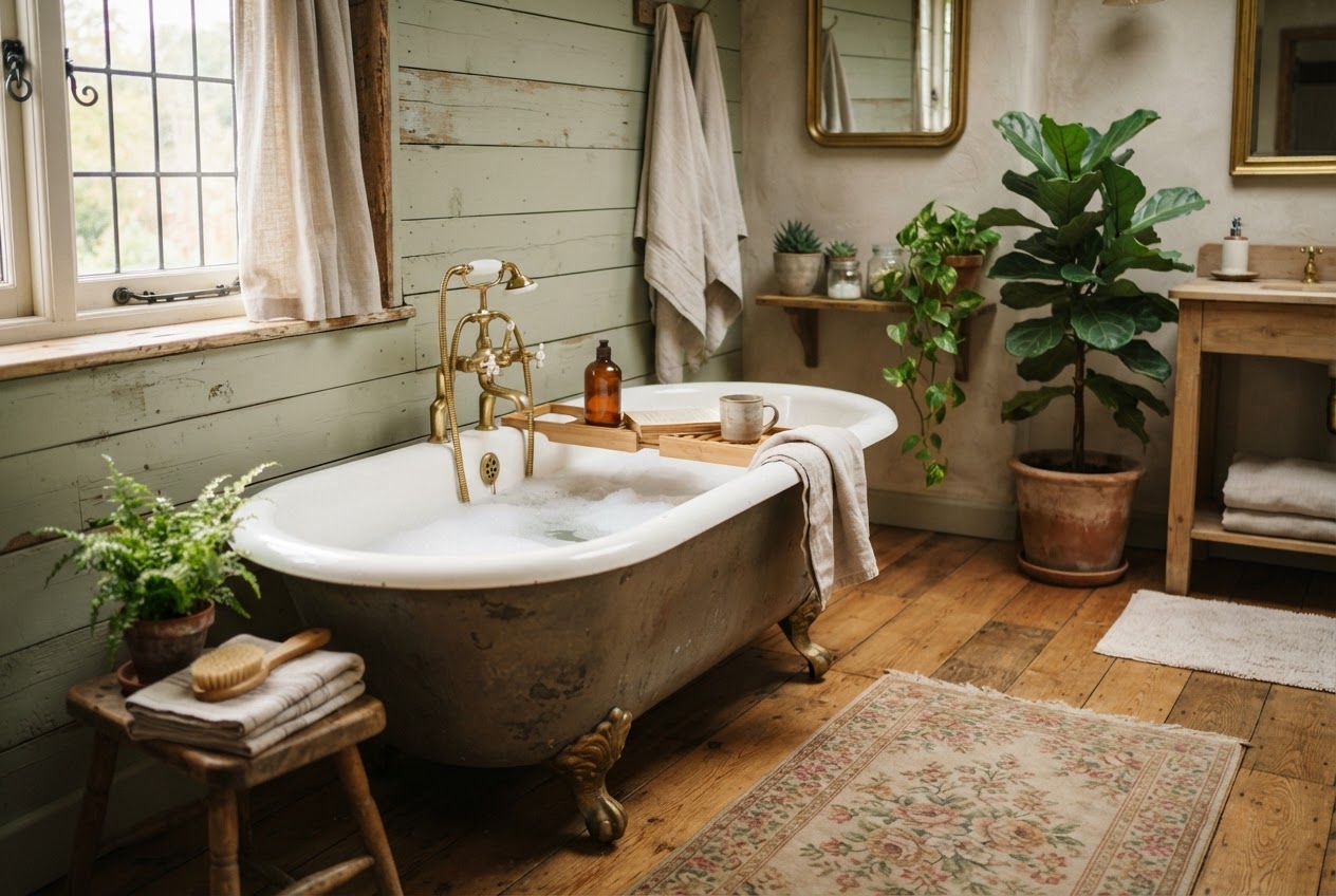 Vintage Clawfoot Badewanne in einem gemütlichen rustikalen Badezimmer
