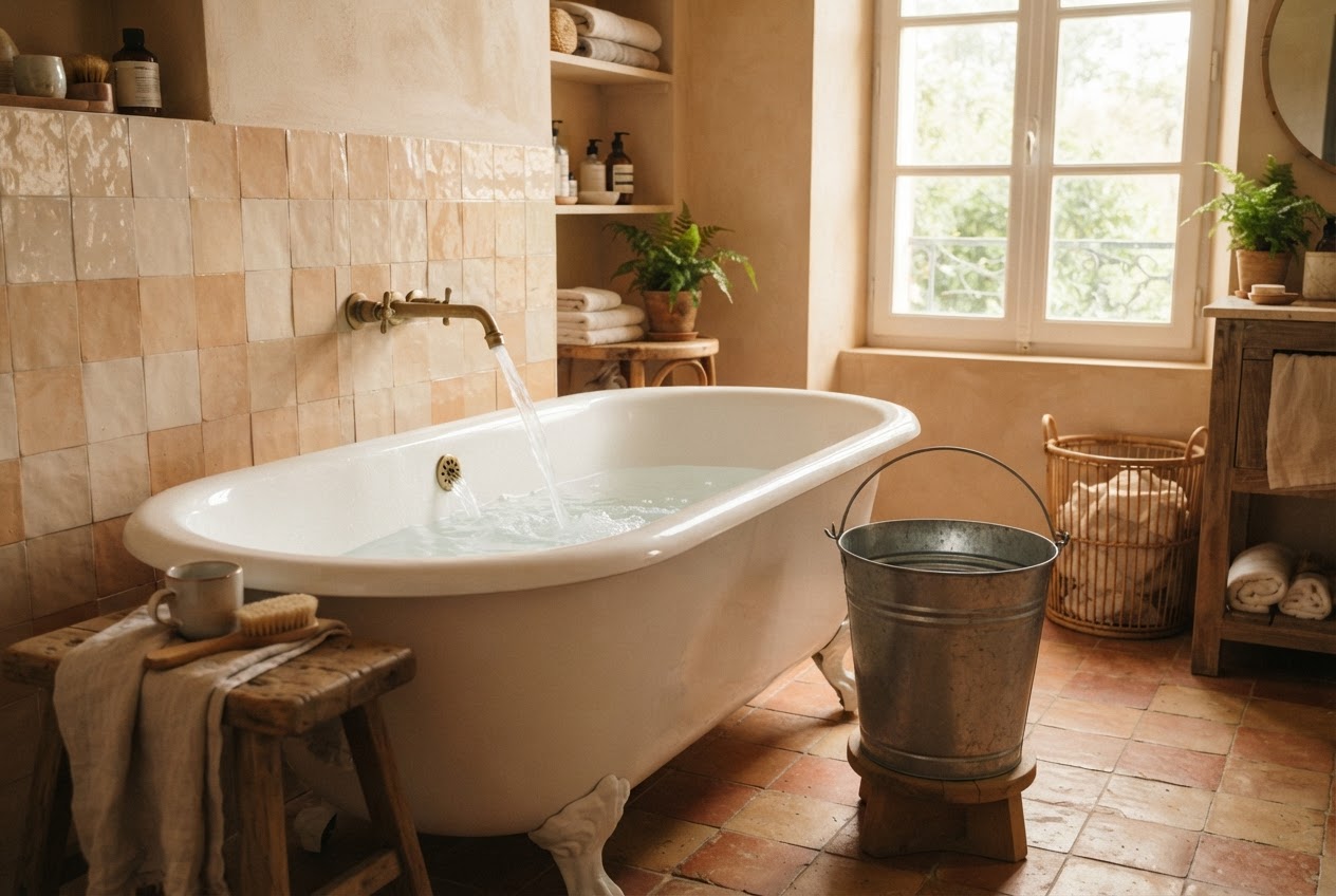 Badewanne Liter messen: Wasser einlassen mit Eimer