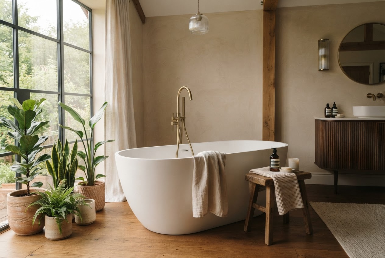 Freistehende Badewanne einer hochwertigen Badewannen-Marke im modernen Bad