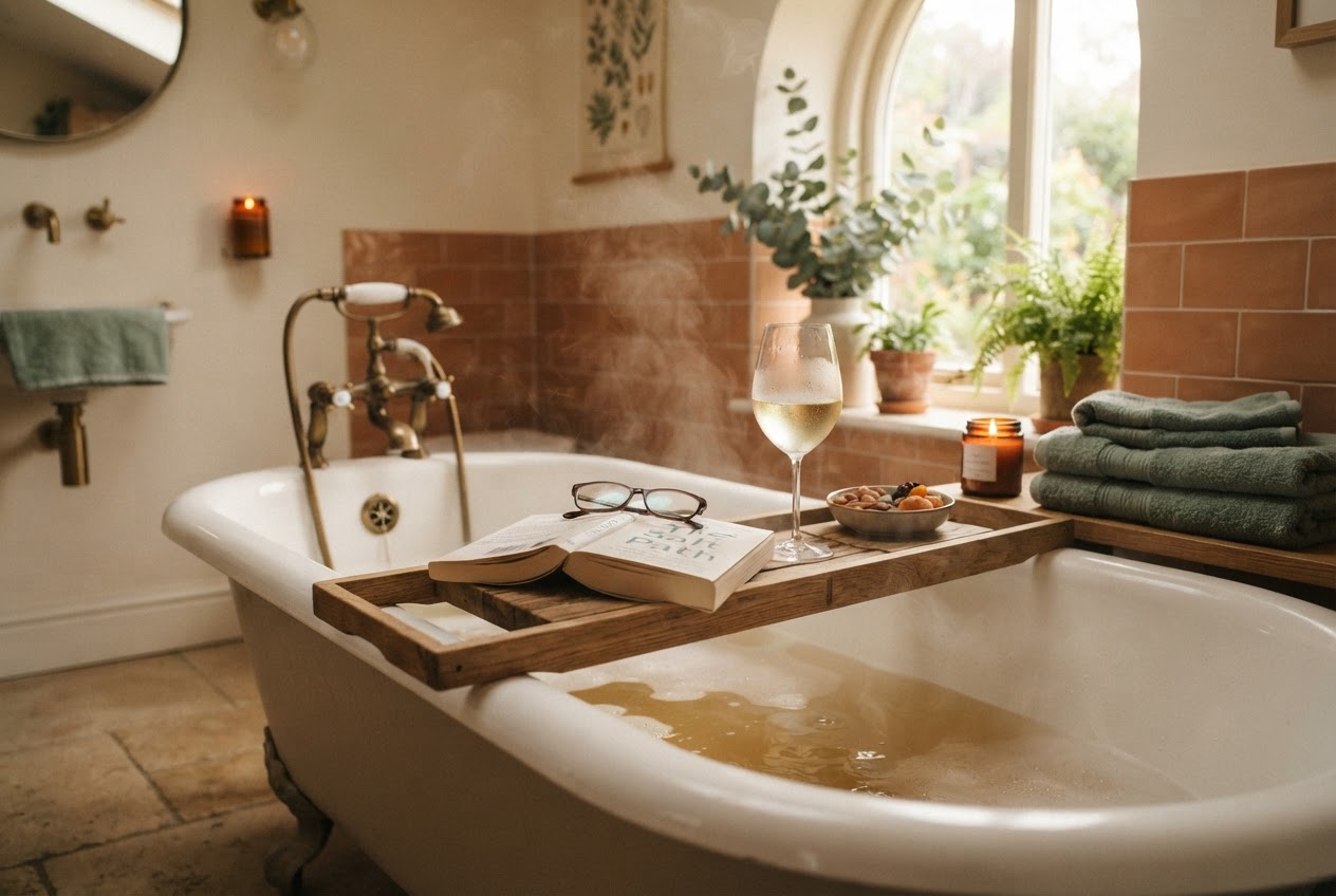 Badewannenablage aus Holz mit Buch, Weinglas und Snacks über der Badewanne