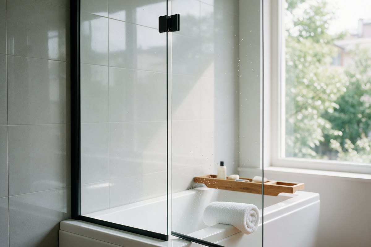 Badewannenaufsatz aus Klarglas auf dem Rand einer weissen Badewanne in einem hellen modernen Badezimmer