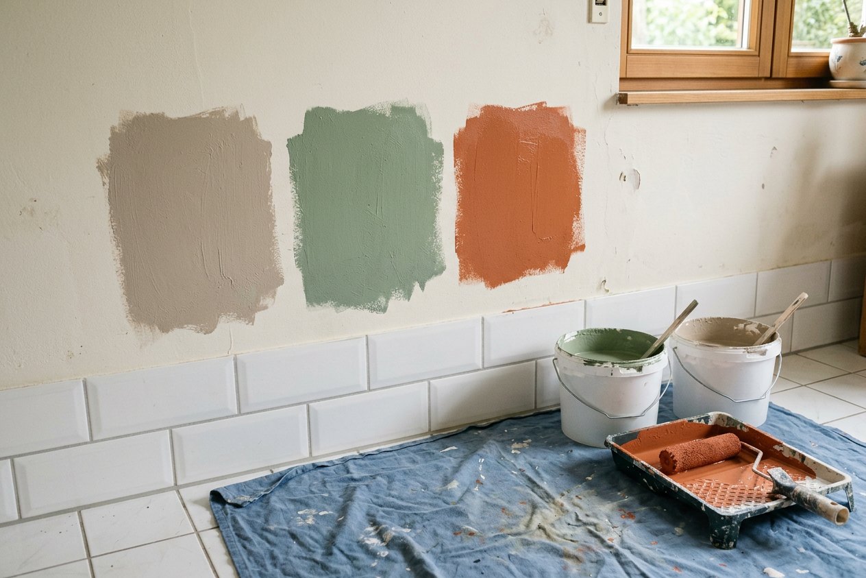 Badezimmer-Farben: Farbmuster in Greige, Salbeigrün und Terrakotta an der Badwand mit Farbrolle und Farbeimern