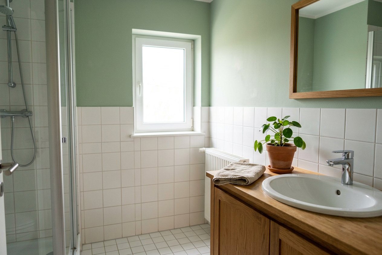 Badezimmer-Farben Salbeigrün Badezimmer-Farben: salbeigrün gestrichene Wand über weißen Halbhoch-Fliesen mit Holzwaschtisch und Pflanze