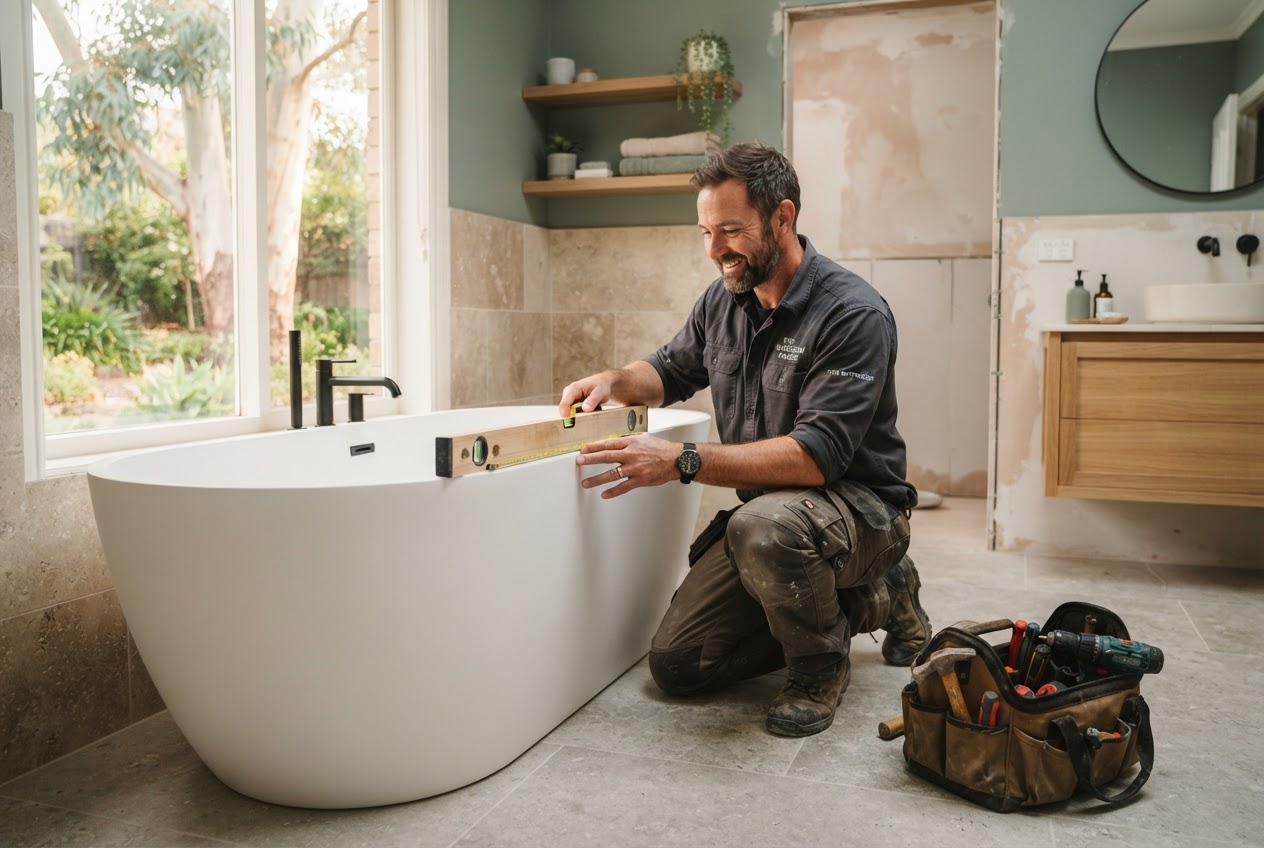 Handwerker beim Einbau einer freistehenden Badewanne im modernen Badezimmer