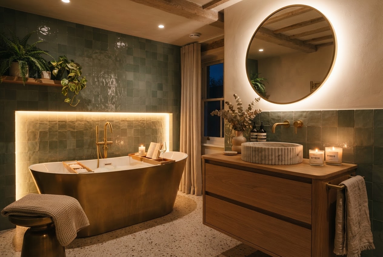 Modernes Badezimmer am Abend mit mehrstufigem Lichtkonzept aus Spots, Spiegellicht und indirekter LED-Beleuchtung