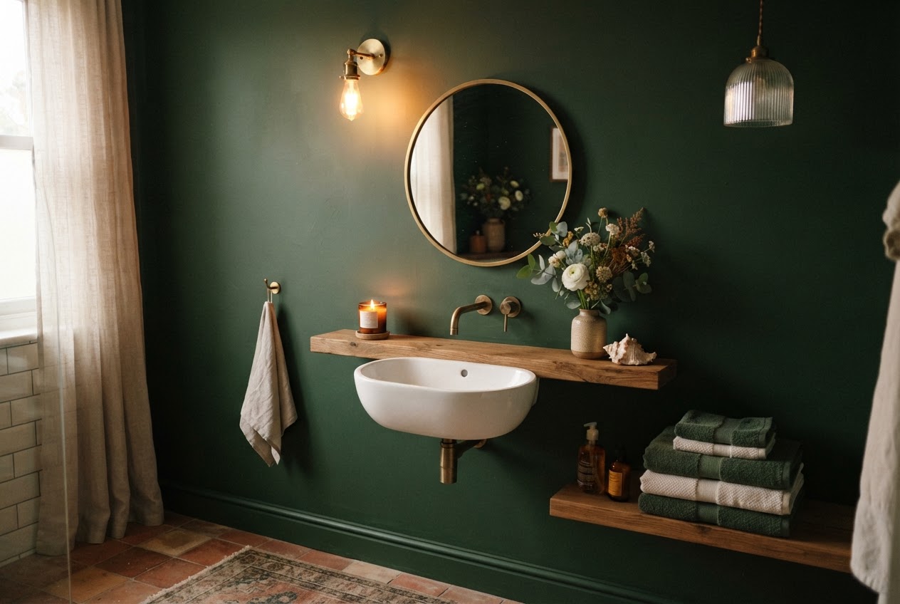 Neu gestaltetes Badezimmer mit frischer Wandfarbe und passender Deko