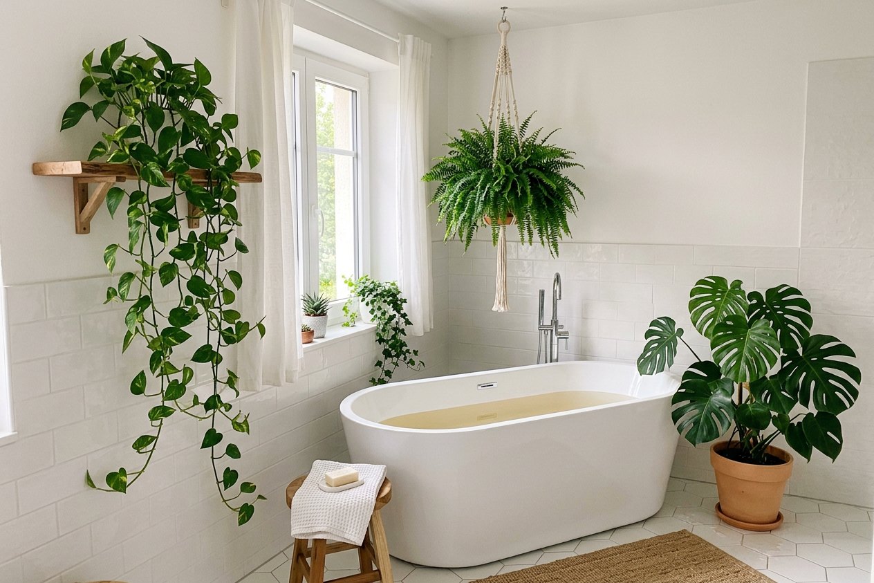 Badezimmer-Pflanzen im hellen Bad Badezimmer-Pflanzen: helles Bad mit Badewanne, Farn in Hängeampel, Efeutute auf Wandregal und Monstera
