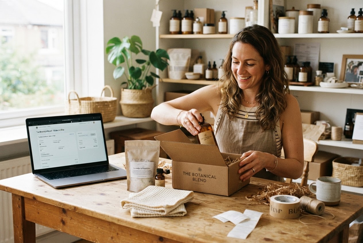 Badezimmer-Produkte werden für den Onlineversand verpackt, daneben ein Laptop mit Onlineshop