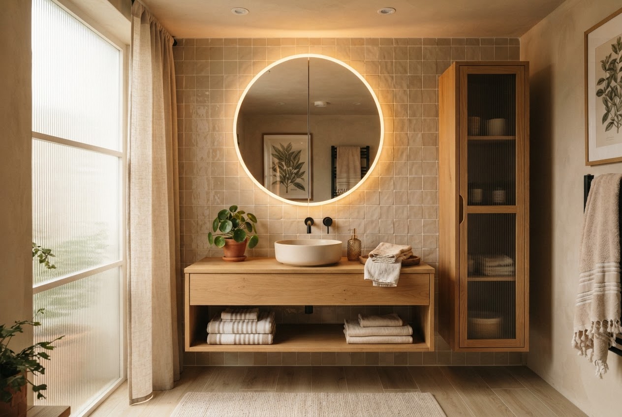 Badezimmer mit beleuchtetem Spiegelschrank über dem Waschbecken und schlankem Hochschrank