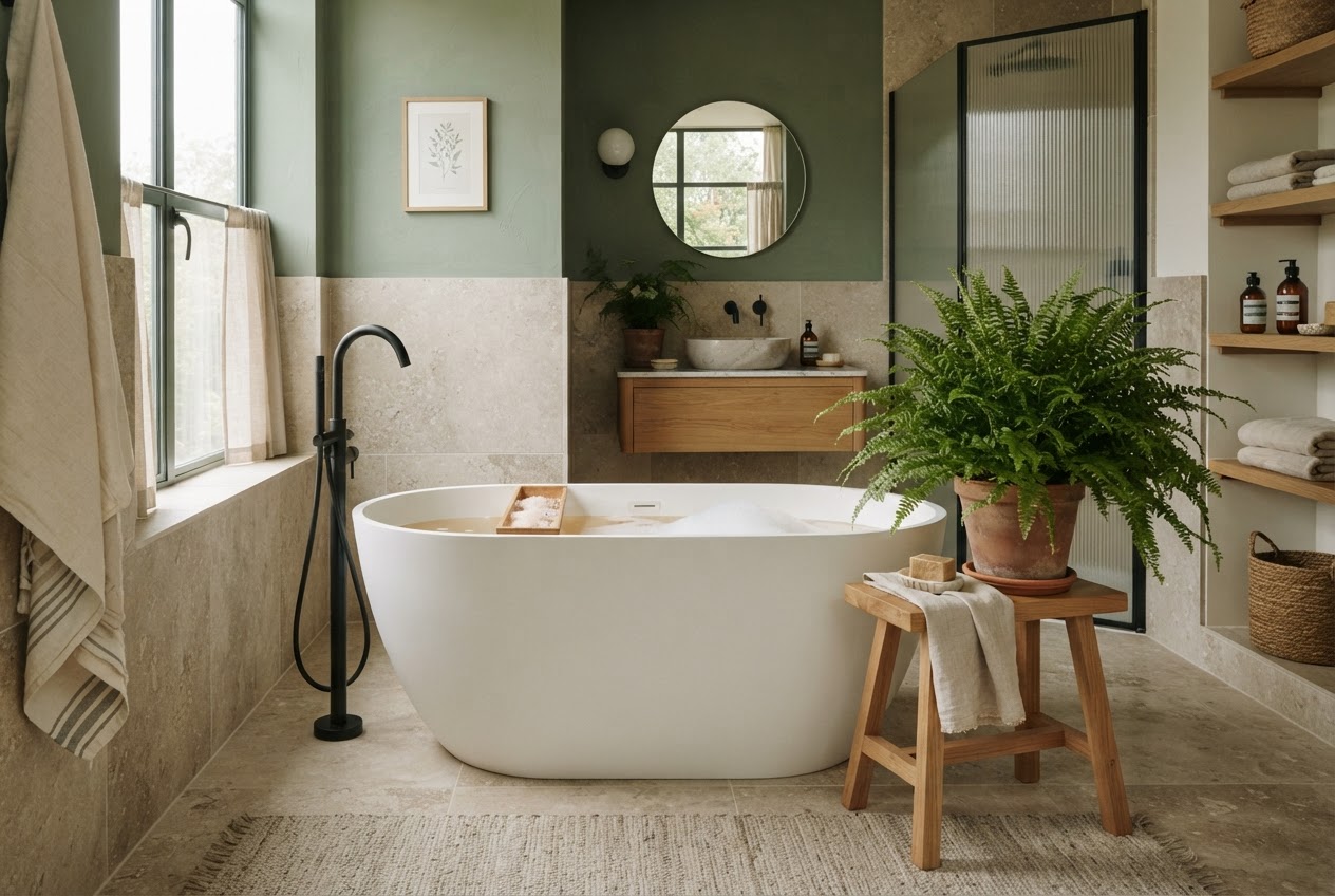 Modernes Badezimmerdesign mit freistehender Badewanne vor salbeigrüner Akzentwand
