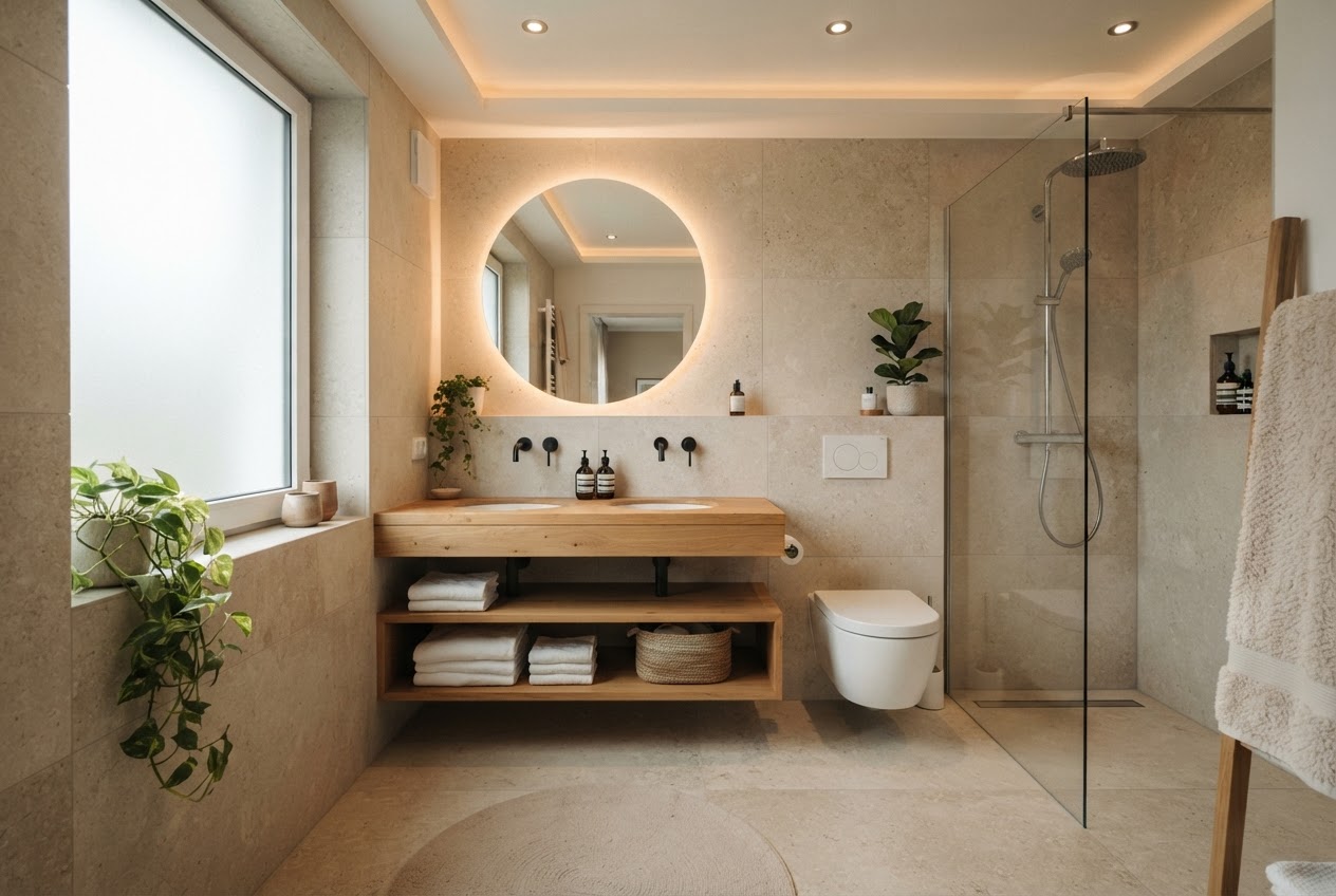 Modernes Badezimmer mit bodengleicher Dusche, LED-Licht und spülrandlosem WC als Badezimmertrend