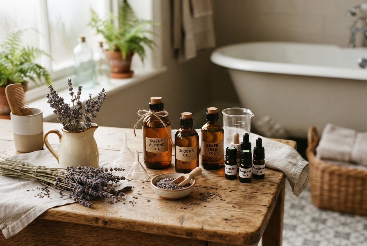 Zutaten für selbstgemachten Badezusatz: Öle, Lavendel und Emulgator auf einem Holztisch