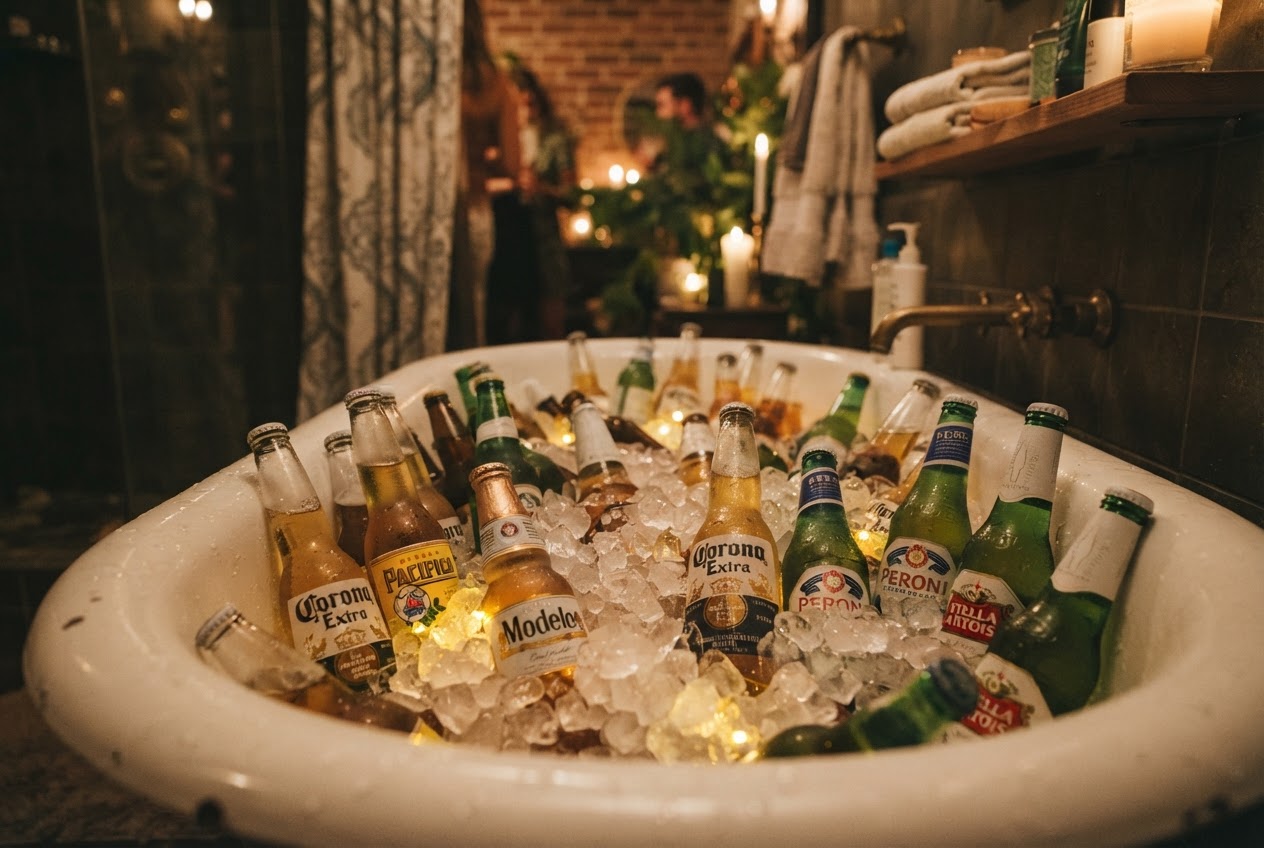 Badewanne voller Eis und Bierflaschen f&uuml;r die Sommerparty