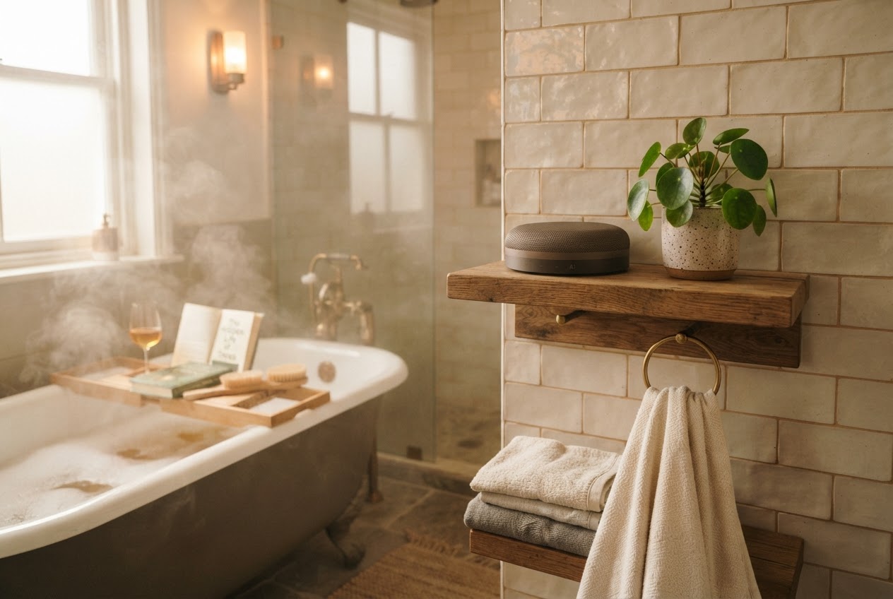 Bluetooth Lautsprecher im Badezimmer neben der Badewanne