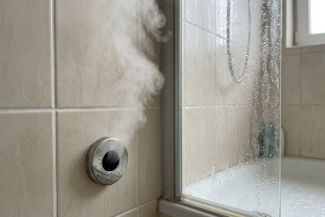 Dampfdüse einer Dampfdusche an gefliester Wand mit aufsteigendem Dampf und beschlagener Glasscheibe