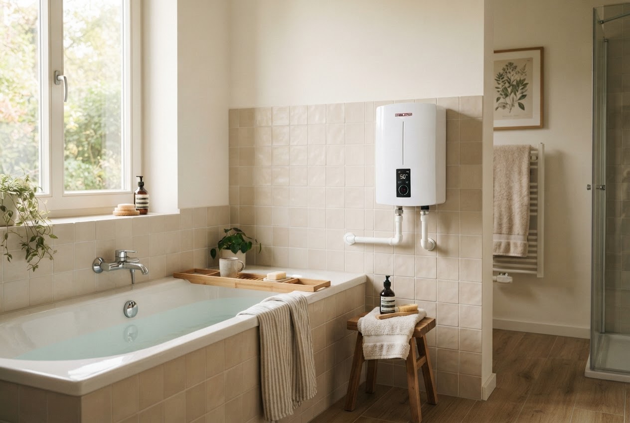 Moderner elektrischer Durchlauferhitzer an der Badezimmerwand neben einer Badewanne