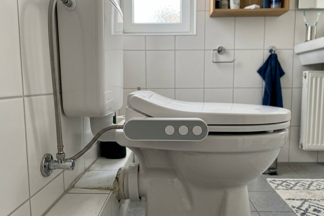 Dusch-WC-Aufsatz mit Seitenbedienteil auf einer Stand-Toilette, Wasserschlauch am Eckventil angeschlossen