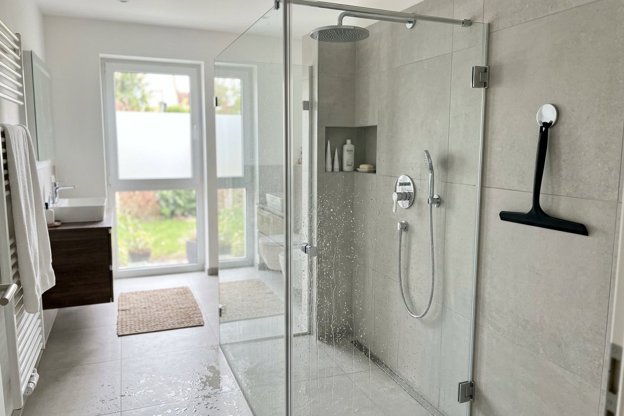 Dusche reinigen – bodengleiche Dusche mit Glaswand Dusche reinigen: bodengleiche Dusche mit Glaswand, Wassertropfen und Duschabzieher an der Halterung