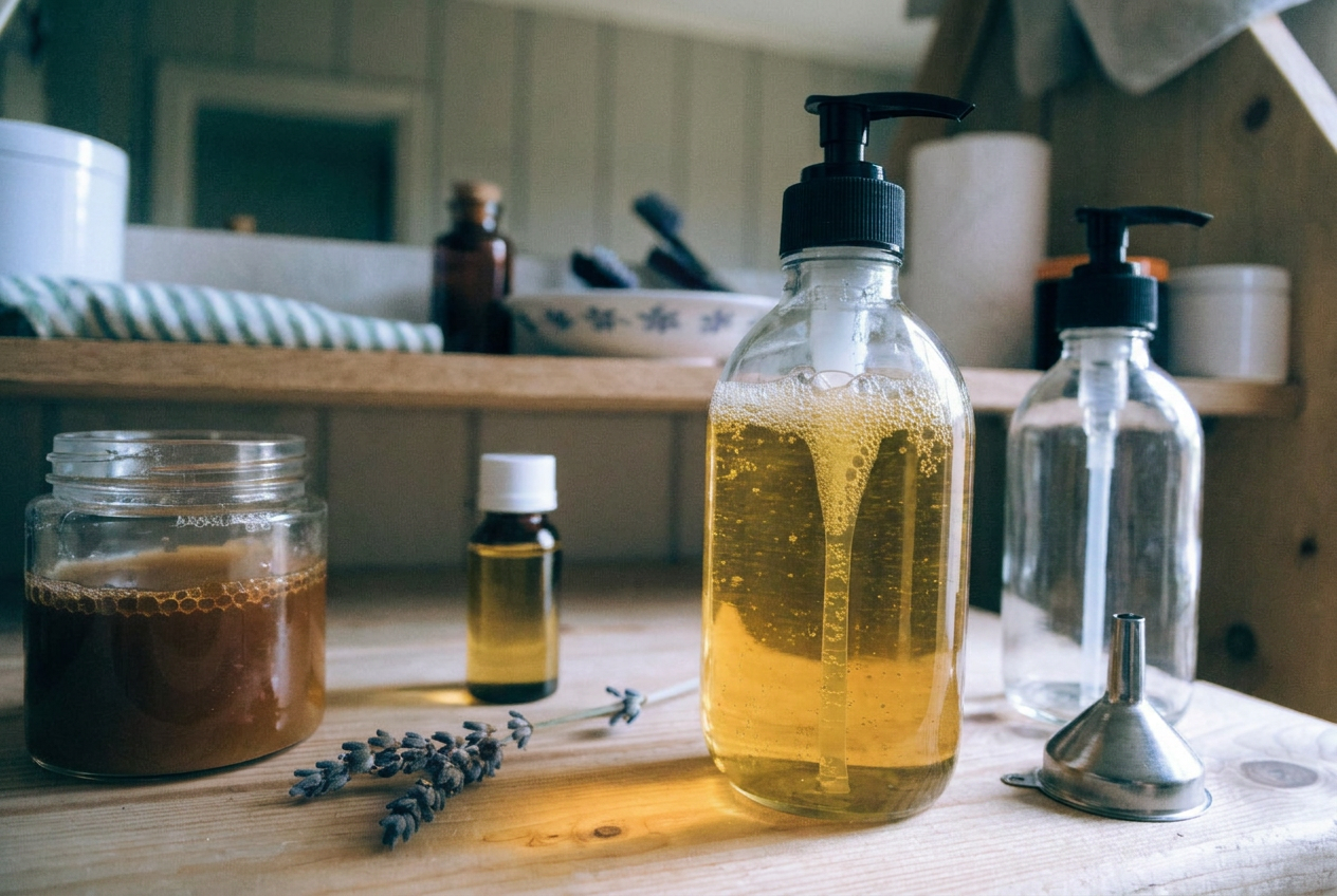 Zutaten für selbstgemachtes Duschgel: Flüssigseife, Honig, Mandelöl, Lavendel und Pumpflasche