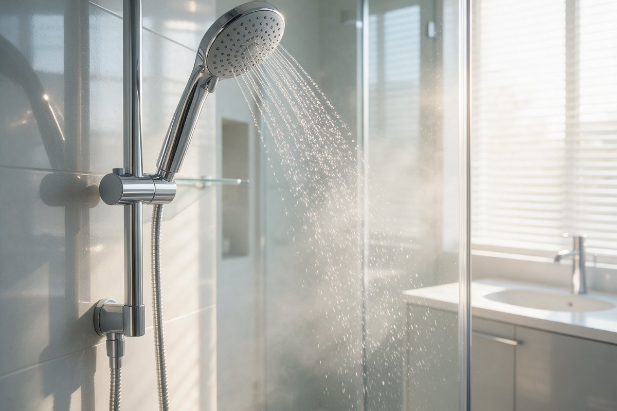 Wassersparender Duschkopf im moderneren Badezimmer Wassersparender Duschkopf mit feinem Spruehstrahl in einem hellen modernen Badezimmer