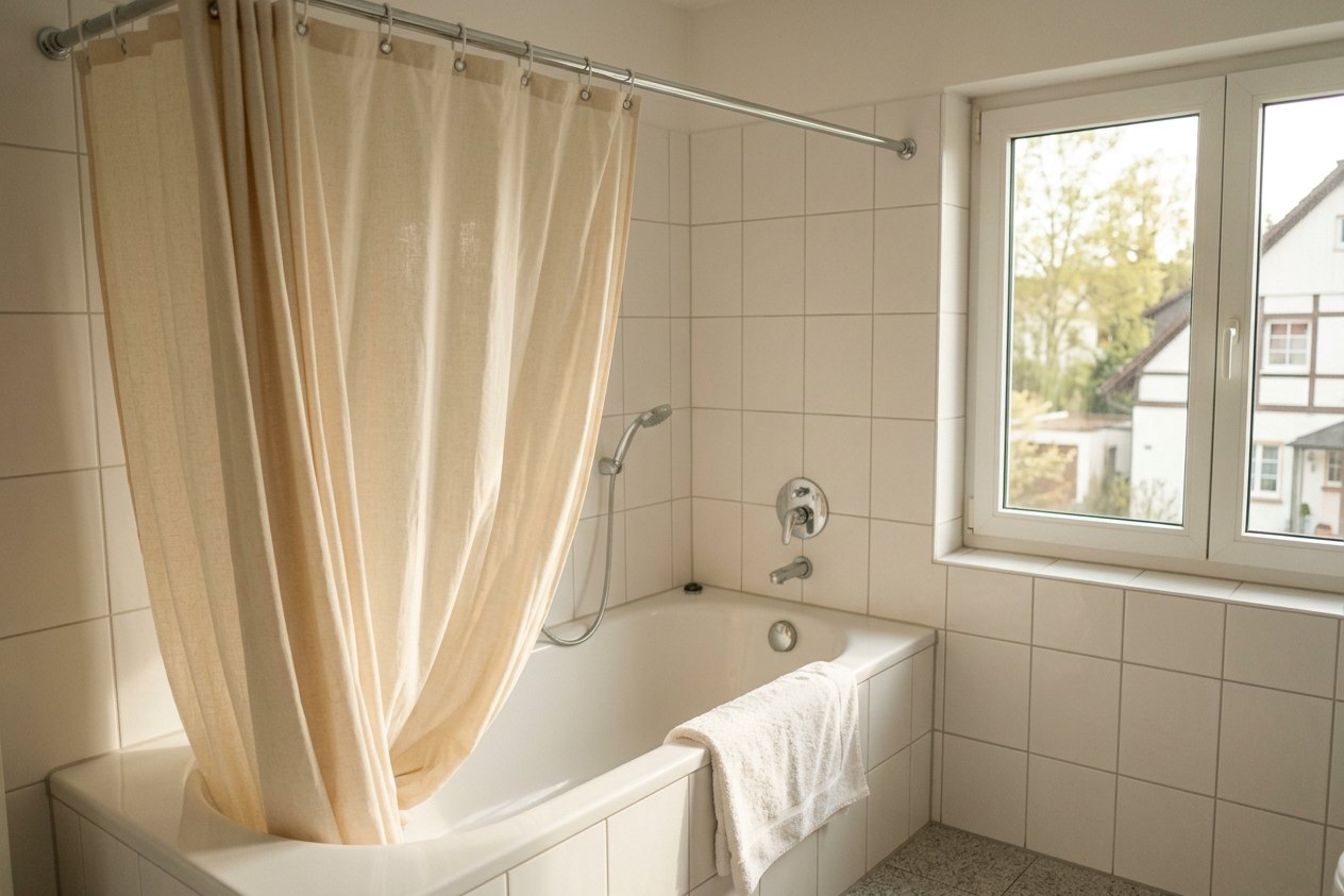 Duschvorhang waschen – heller Stoffvorhang an der Badewanne Heller Stoff-Duschvorhang an der Badewanne in einem sonnigen Bad – Duschvorhang waschen