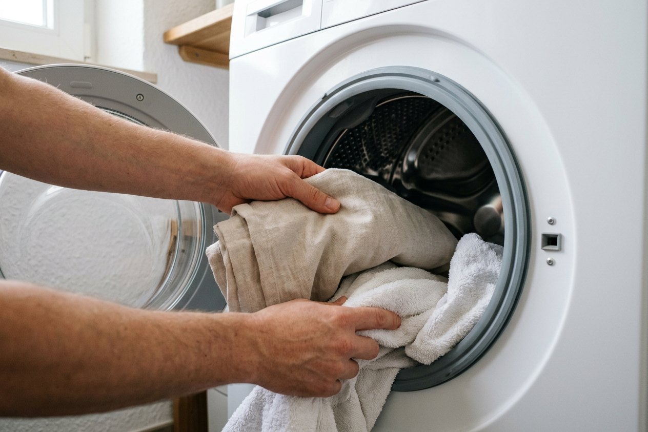 Duschvorhang waschen in der Waschmaschine: Stoffvorhang wird mit zwei Frotteehandtüchern in die Trommel gelegt