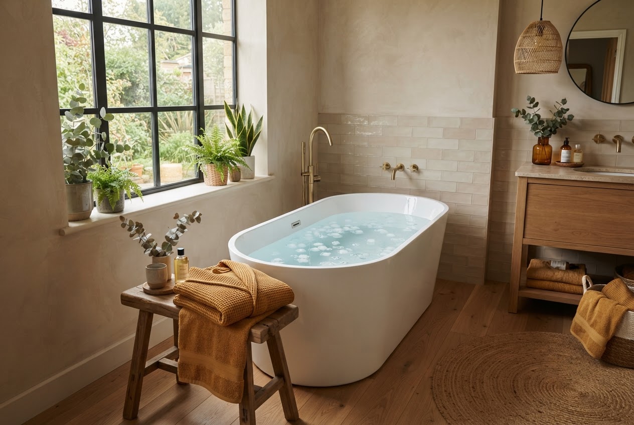 Badewanne mit kaltem Wasser und Eiswürfeln für ein Eisbad zuhause