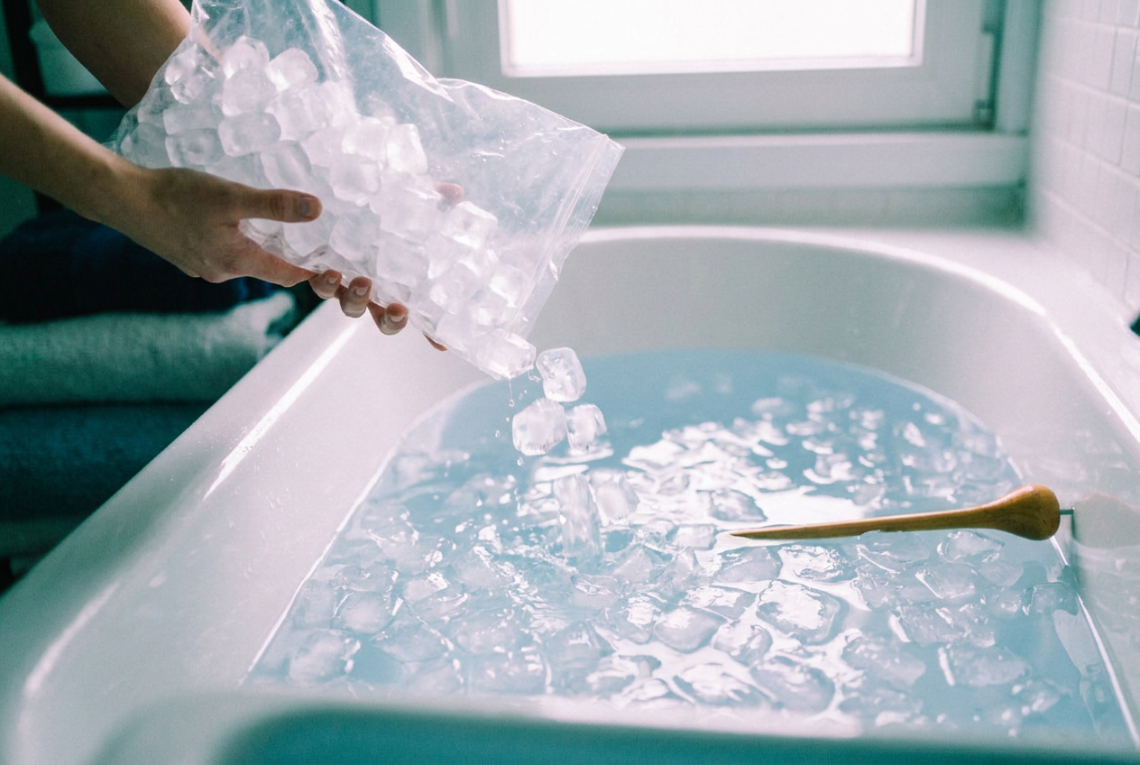 Eiswürfel werden in eine mit kaltem Wasser gefüllte Badewanne gegeben