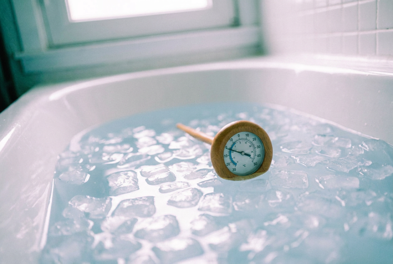 Ein Badethermometer im eiskalten Wasser zeigt eine niedrige Temperatur