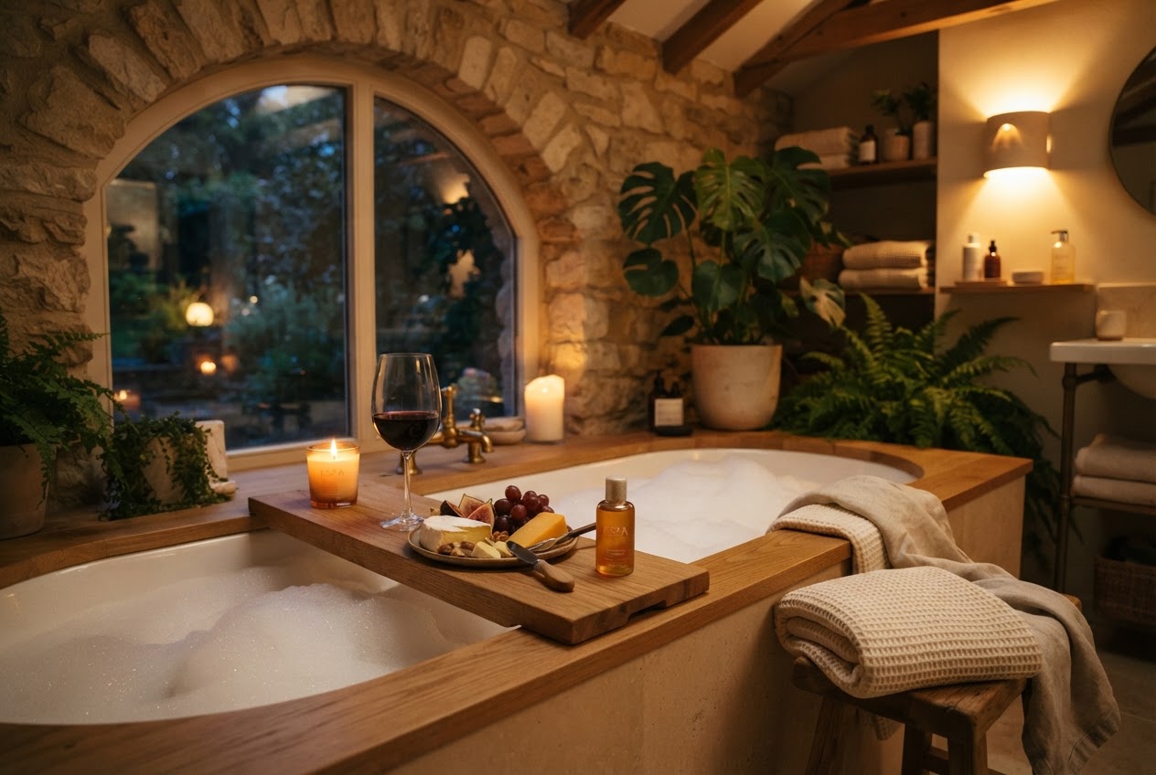Badewanne bei Kerzenlicht mit Badetablett, Rotwein und kleiner Käseplatte für Wellness zu Hause