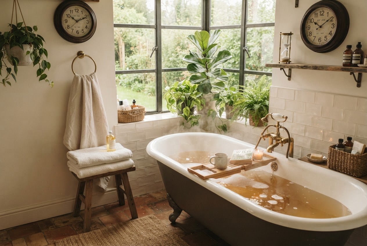 Wie lange baden – entspanntes Badezimmer mit Badewanne und Uhr