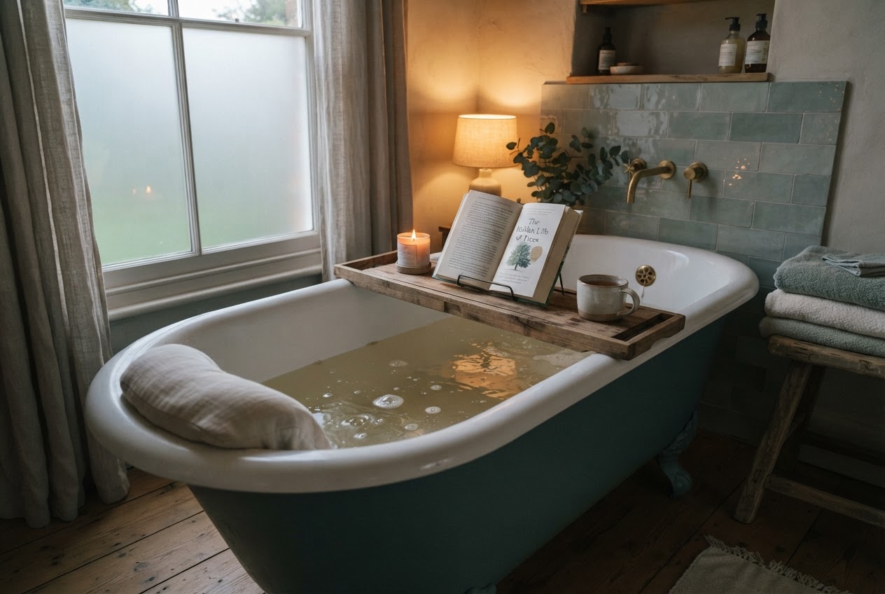 Entspannungsbad mit Nackenkissen am Wannenrand, Badewannenablage mit Buch und Kerze