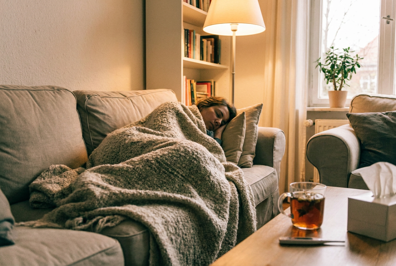 Bei Fieber ist Bettruhe statt Badewanne angesagt - Person mit Tee und Thermometer auf dem Sofa