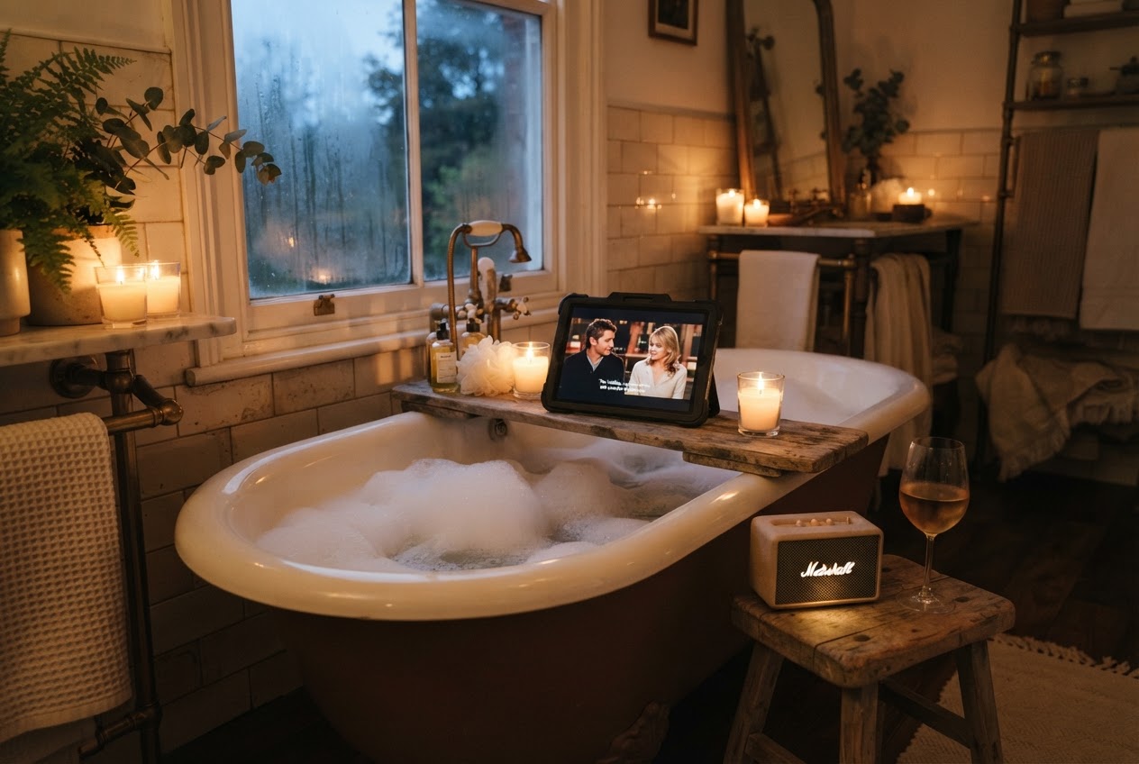 Filme schauen in der Badewanne mit Tablet und Bluetooth-Lautsprecher