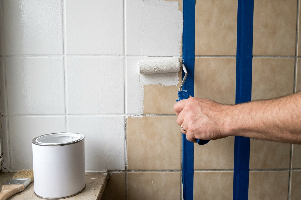 Fliesenlack mit der Kurzflorrolle auftragen: Hand rollt weißen Lack auf alte Fliesen, Malerkrepp an den Kanten