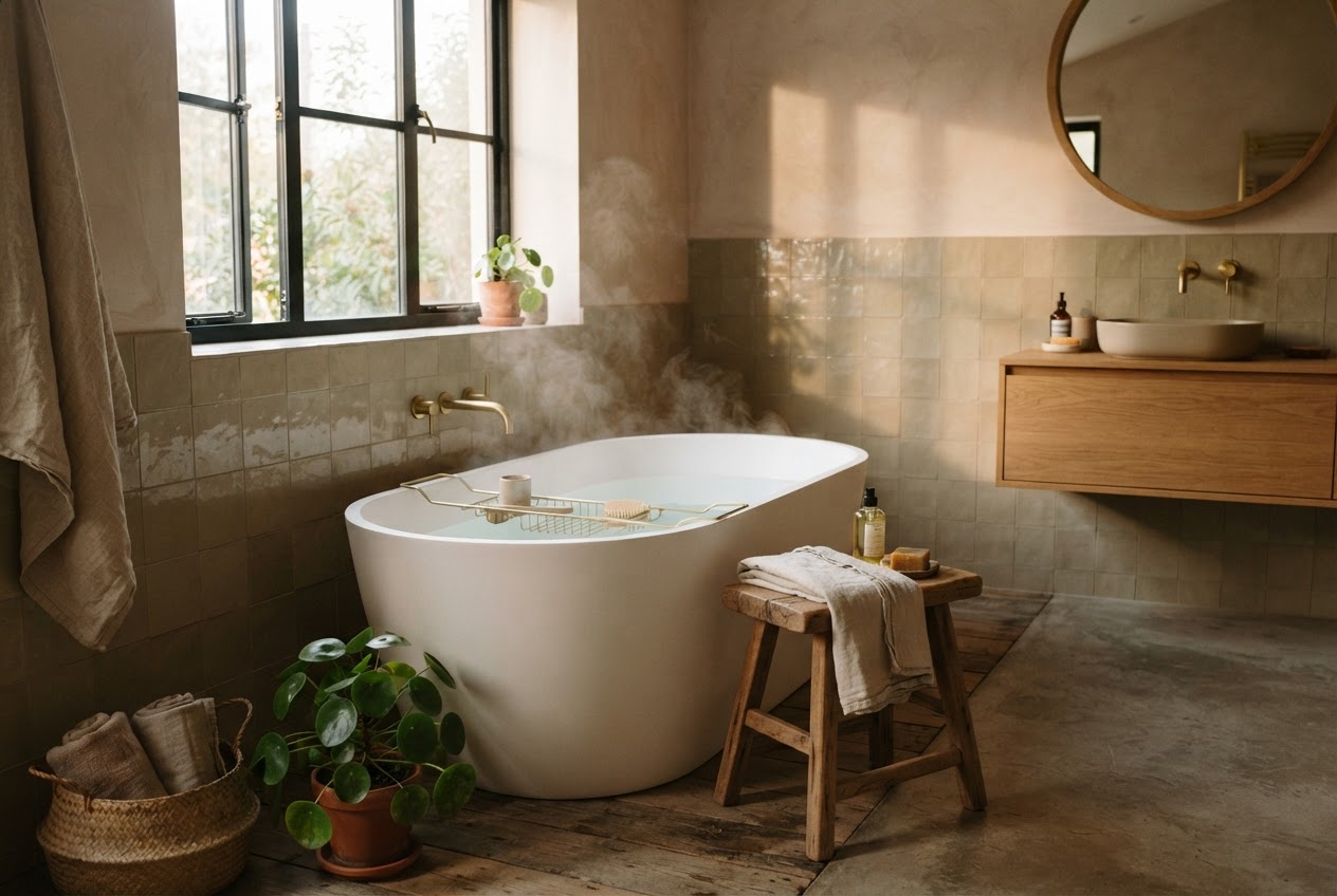 Freistehende Badewanne mit dampfendem Wasser als Ort der Entspannung