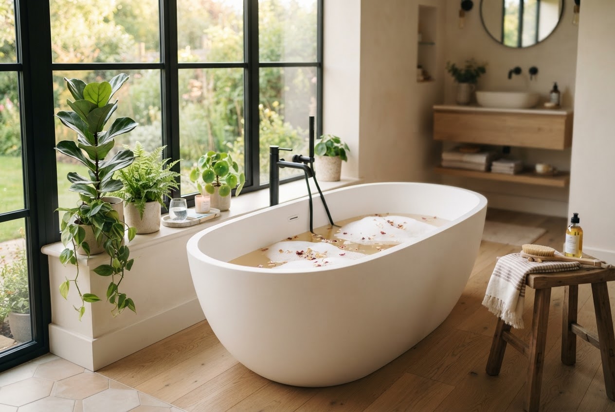 Freistehende Badewanne in einem hellen modernen Badezimmer