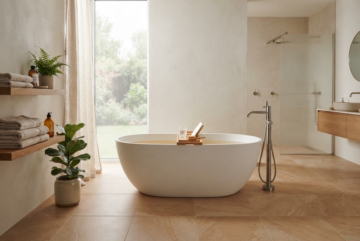 Freistehende Badewanne mit viel Freiraum ringsum in einem hellen, modernen Badezimmer