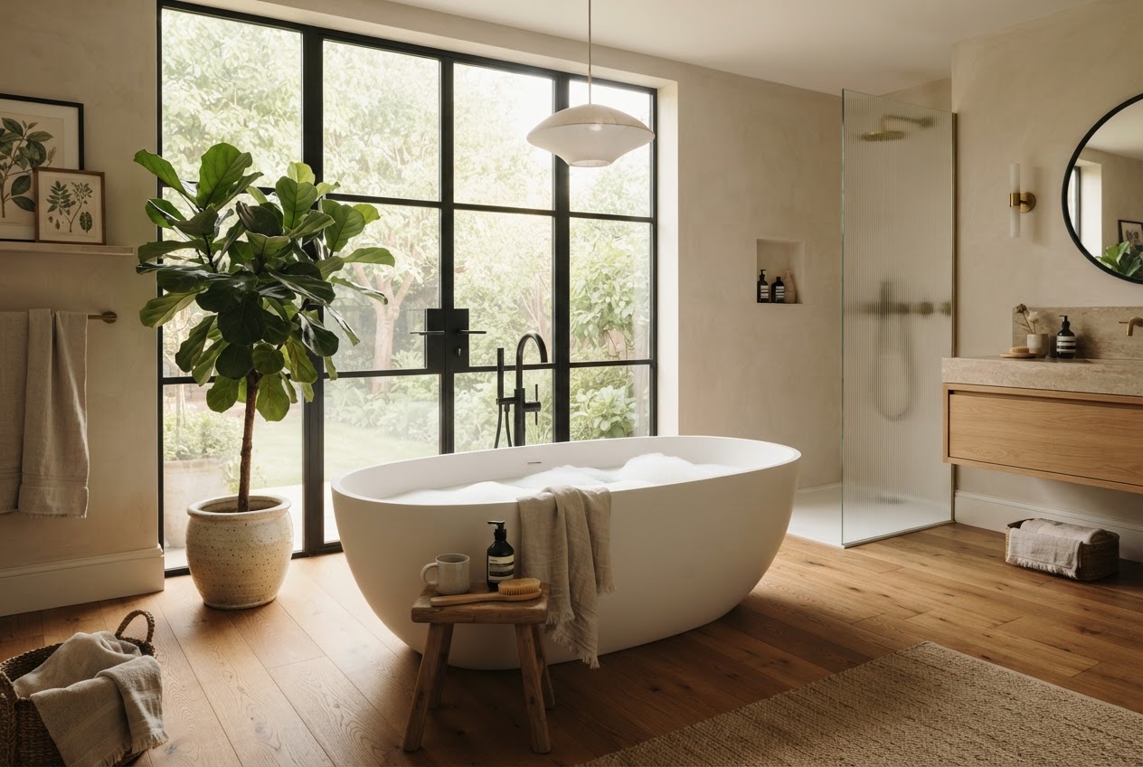 Freistehende Badewanne in modernem Badezimmer