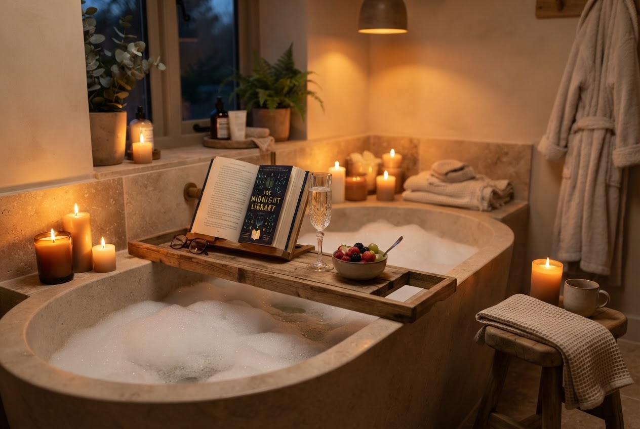 Gemütlicher Abend in der Badewanne mit Buch, Getränk und Kerzen