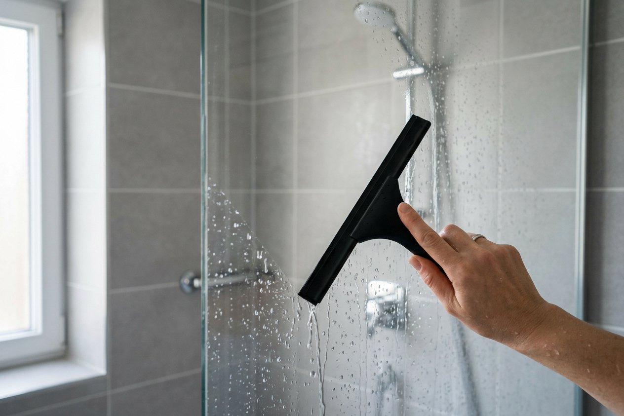 Glasdusche reinigen: Hand zieht mit dem Duschabzieher Wasser von der Glaswand ab