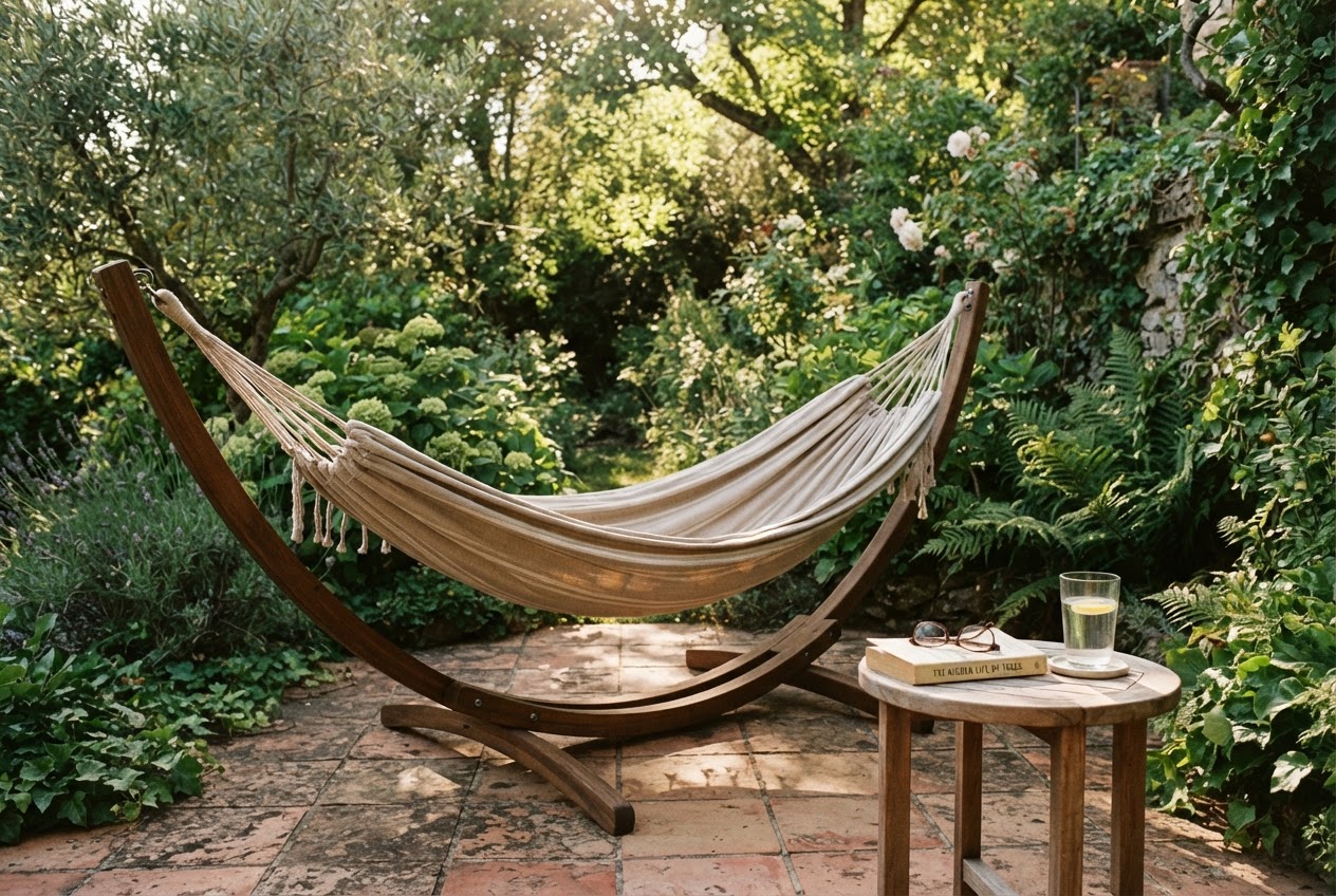 Hängematte mit Gestell auf einer Terrasse im Garten