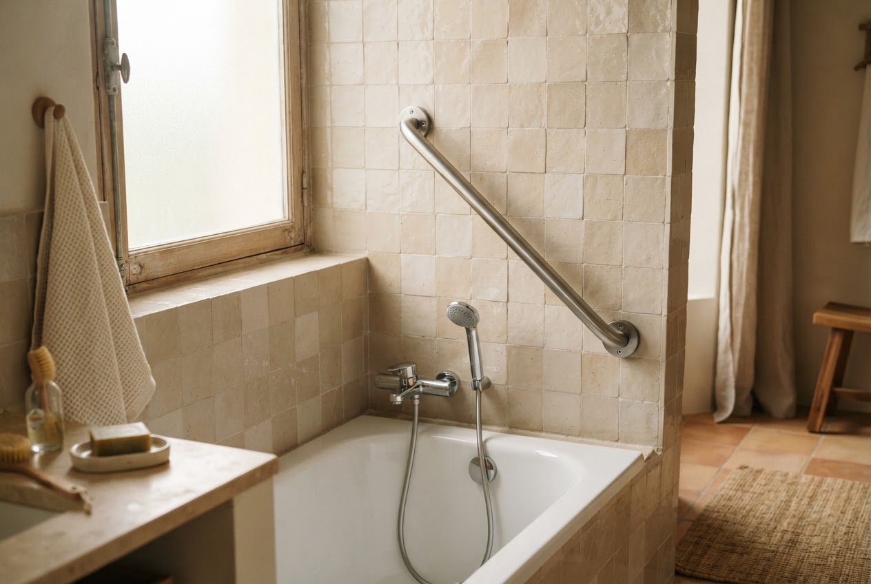 Diagonal im 45-Grad-Winkel montierter Haltegriff an der Badewanne