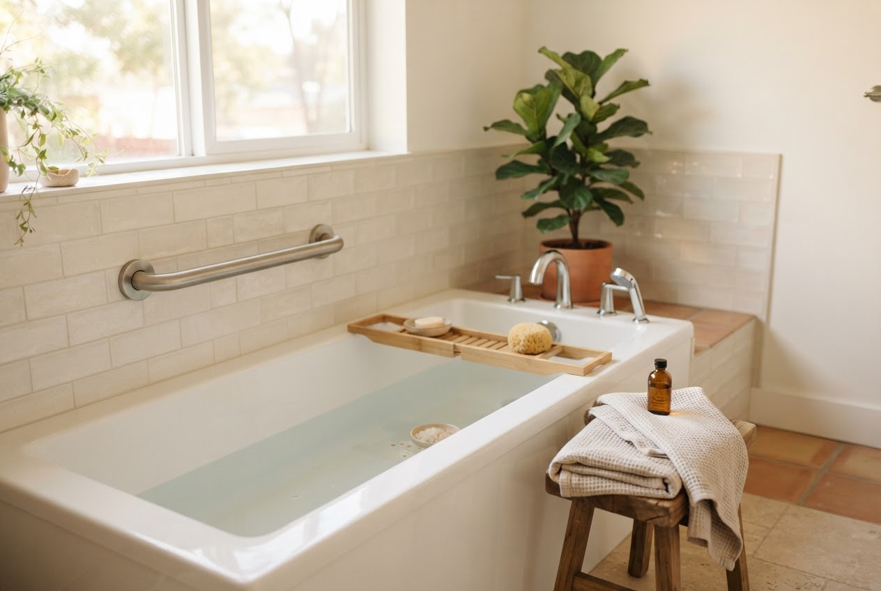 Haltegriff aus Edelstahl an der Längsseite der Badewanne montiert