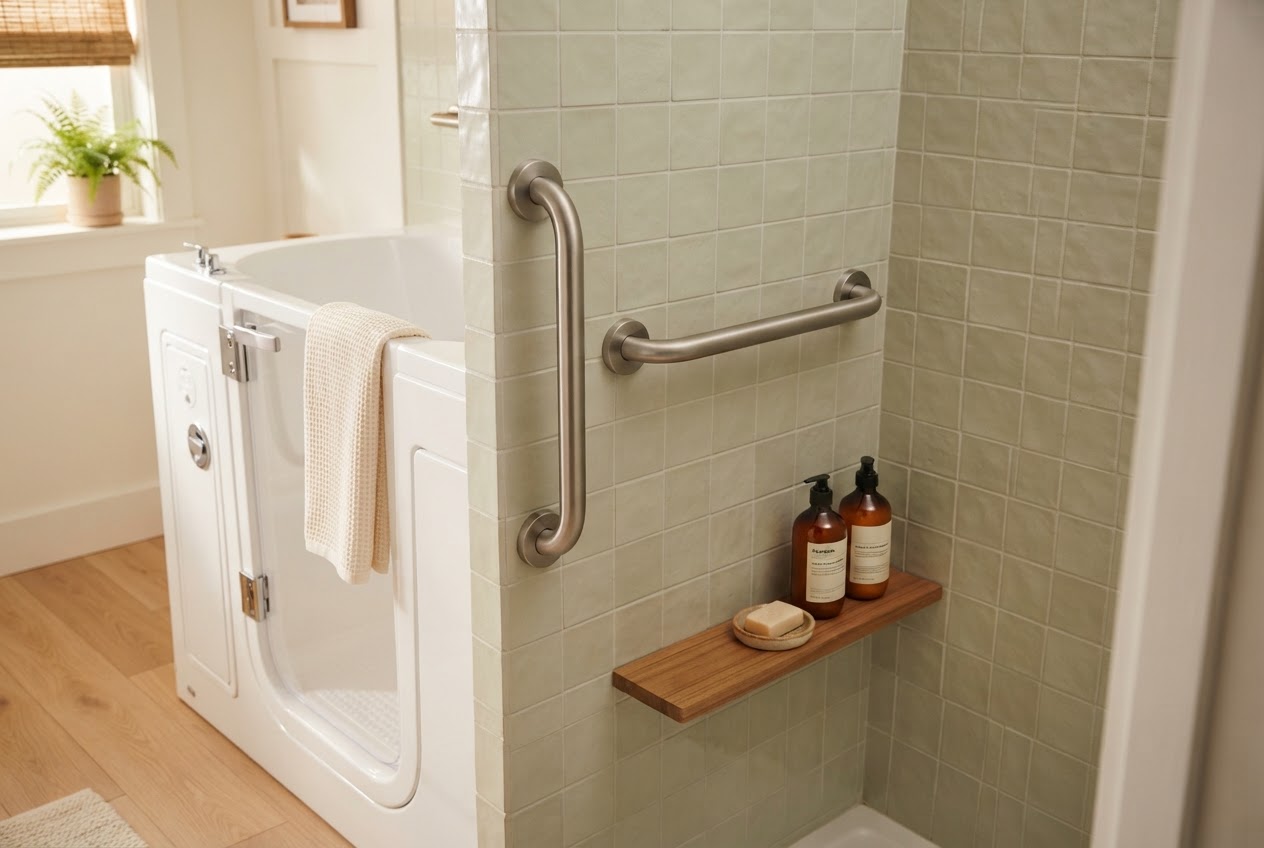Haltegriff neben einer begehbaren Badewanne mit Tür für mehr Sicherheit für Senioren