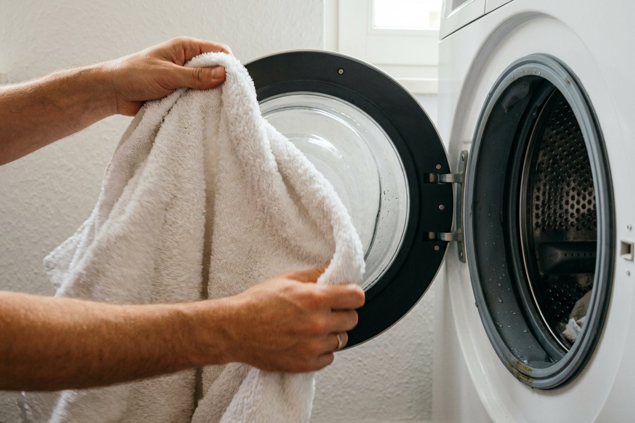 Frisch gewaschenes Handtuch wird vor der offenen Waschmaschine ausgeschüttelt, damit es weich bleibt