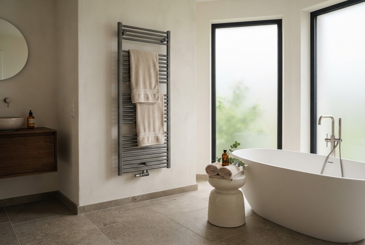 Badezimmer mit Handtuchheizkörper an der Wand und Fußbodenheizung unter großformatigen Fliesen