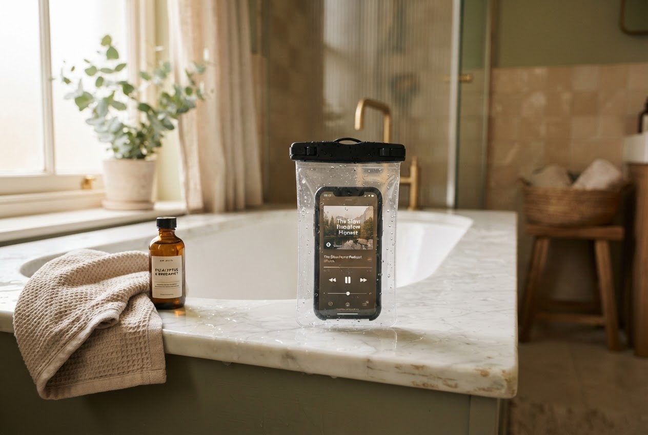 Wasserdichte Handyhülle mit Smartphone auf dem Rand einer Badewanne