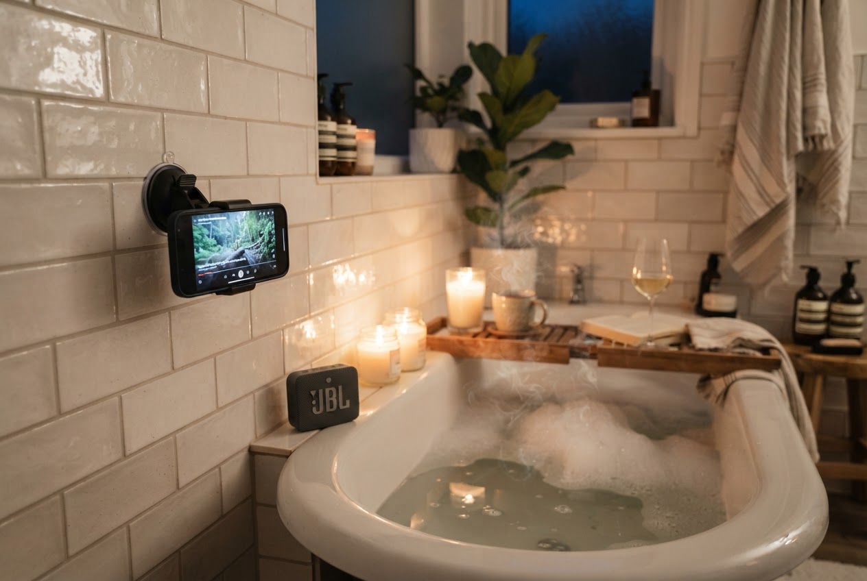 Smartphone in einer Saugnapf-Halterung an der Fliesenwand neben der Badewanne