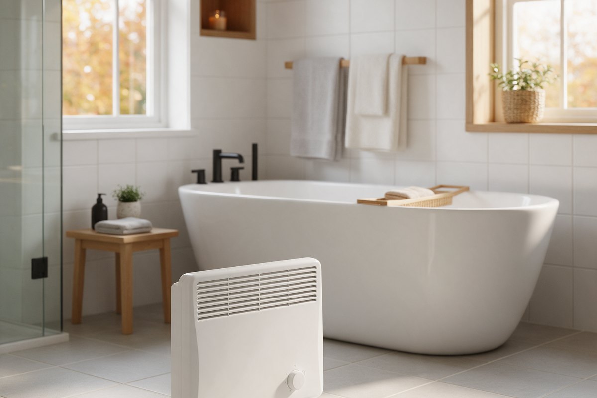 Heizlüfter fürs Bad im Vergleich 2026 Kompakter Heizlüfter auf dem Fliesenboden eines modernen Badezimmers mit Badewanne im Hintergrund